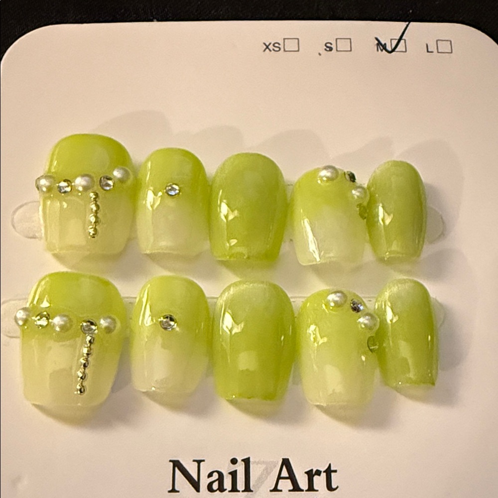 Lime Green Nail Art with Rhinestones
